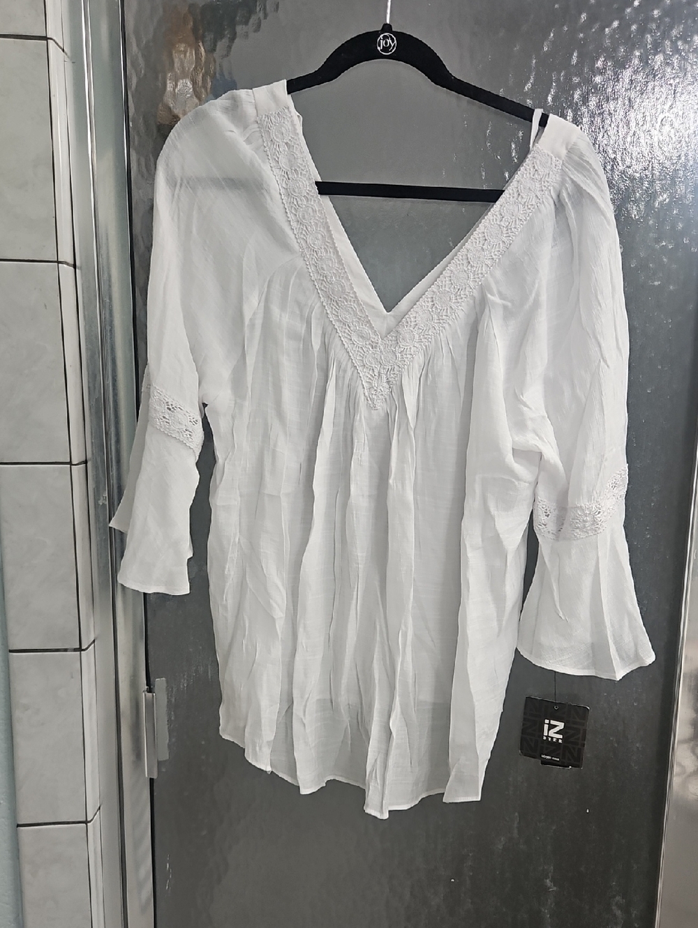 Iz Byer White V-Neck Lace Trim Tunic Top